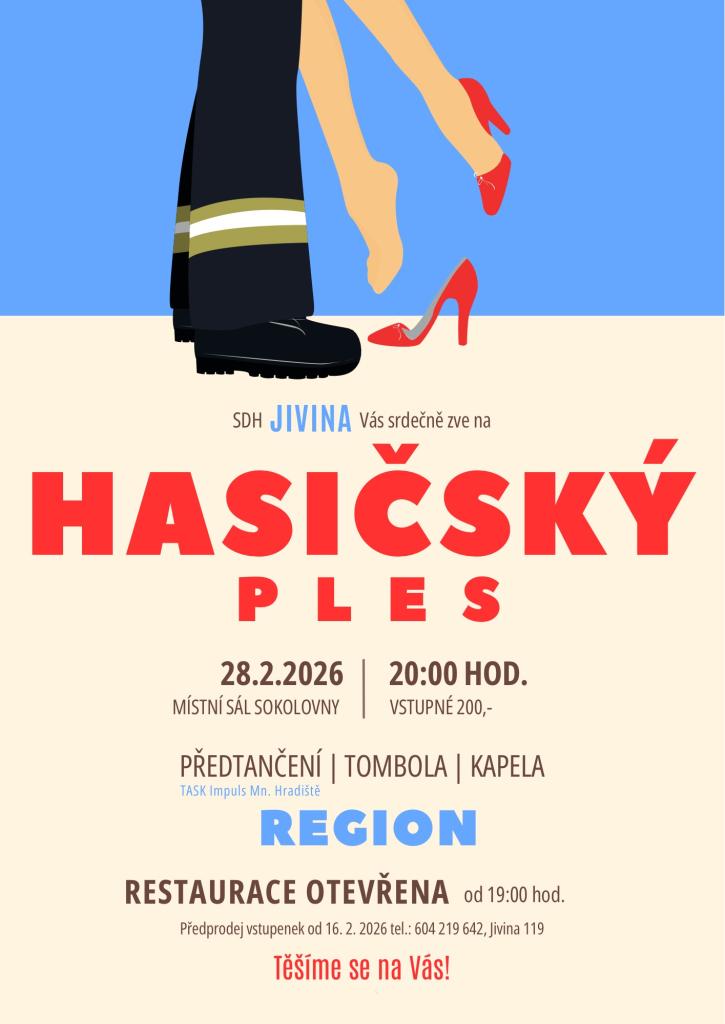 SDH Jivina Vás zve na&nbsp;Hasičský ples konaný 28.2.2026 v&nbsp;tělocvičně na&nbsp;Jivině.
